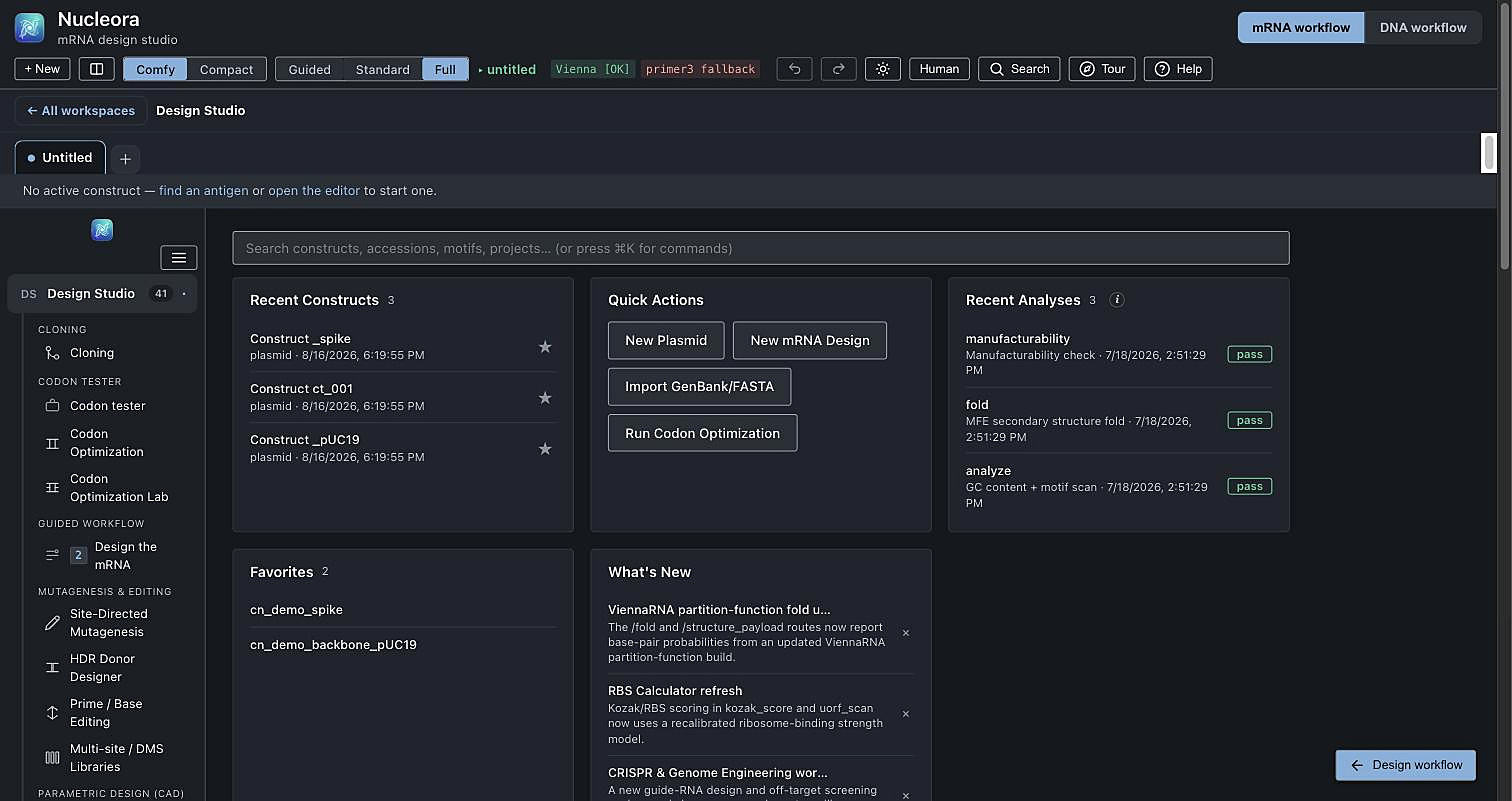 Nucleora dashboard - Recent Constructs, Quick Actions, and Recent Analyses